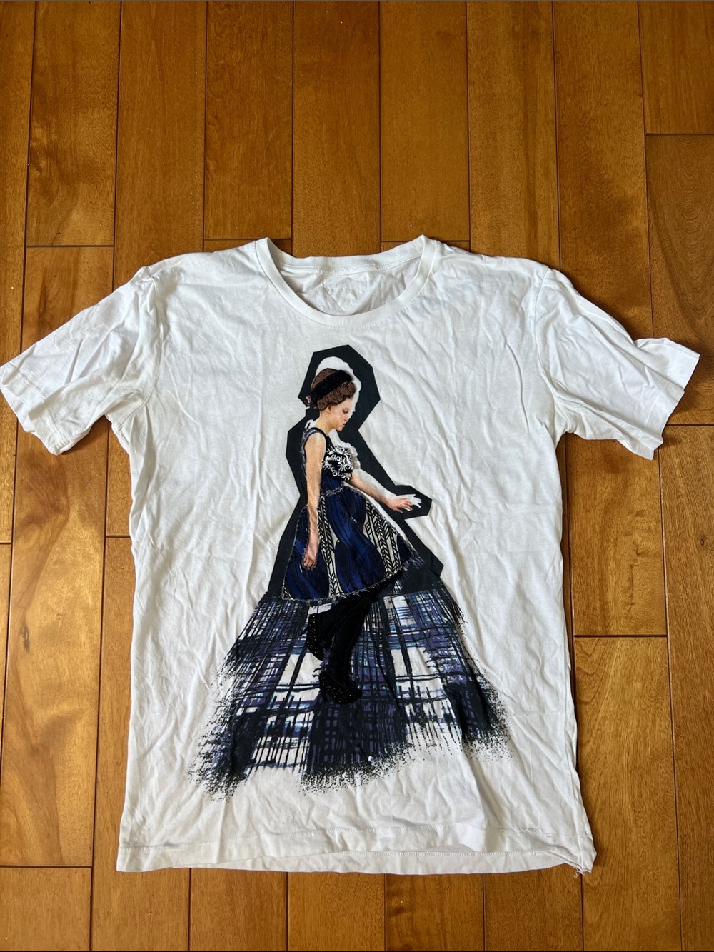 Prada White Graphic Short Sleeve Tee with Navy & Black Print